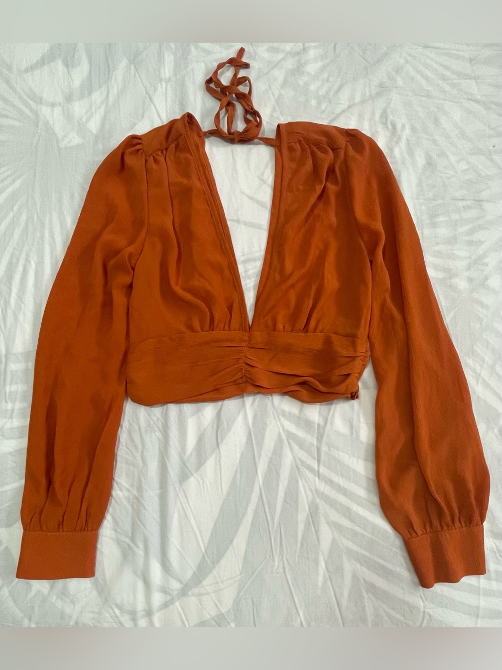 SHEIN Burnt Orange Plunging Long Sleeve Cropped Blouse